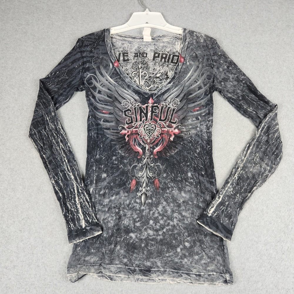 Sinful Shirt Womens XS Gray Love & Pride Graphic Print V Neck Casual Streetwear
